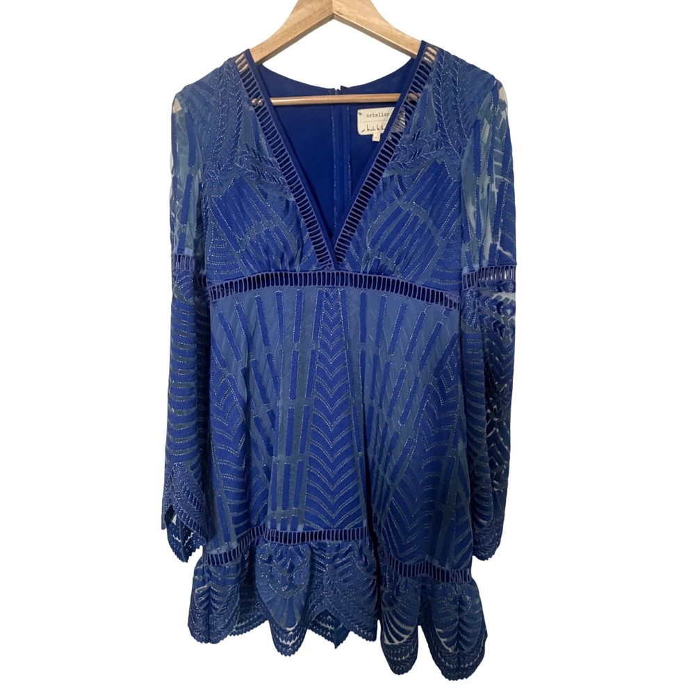 Nicole Miller Artelier Dress Womens 4 Blue Burnout Metallic Mini V-Neck Long Slv